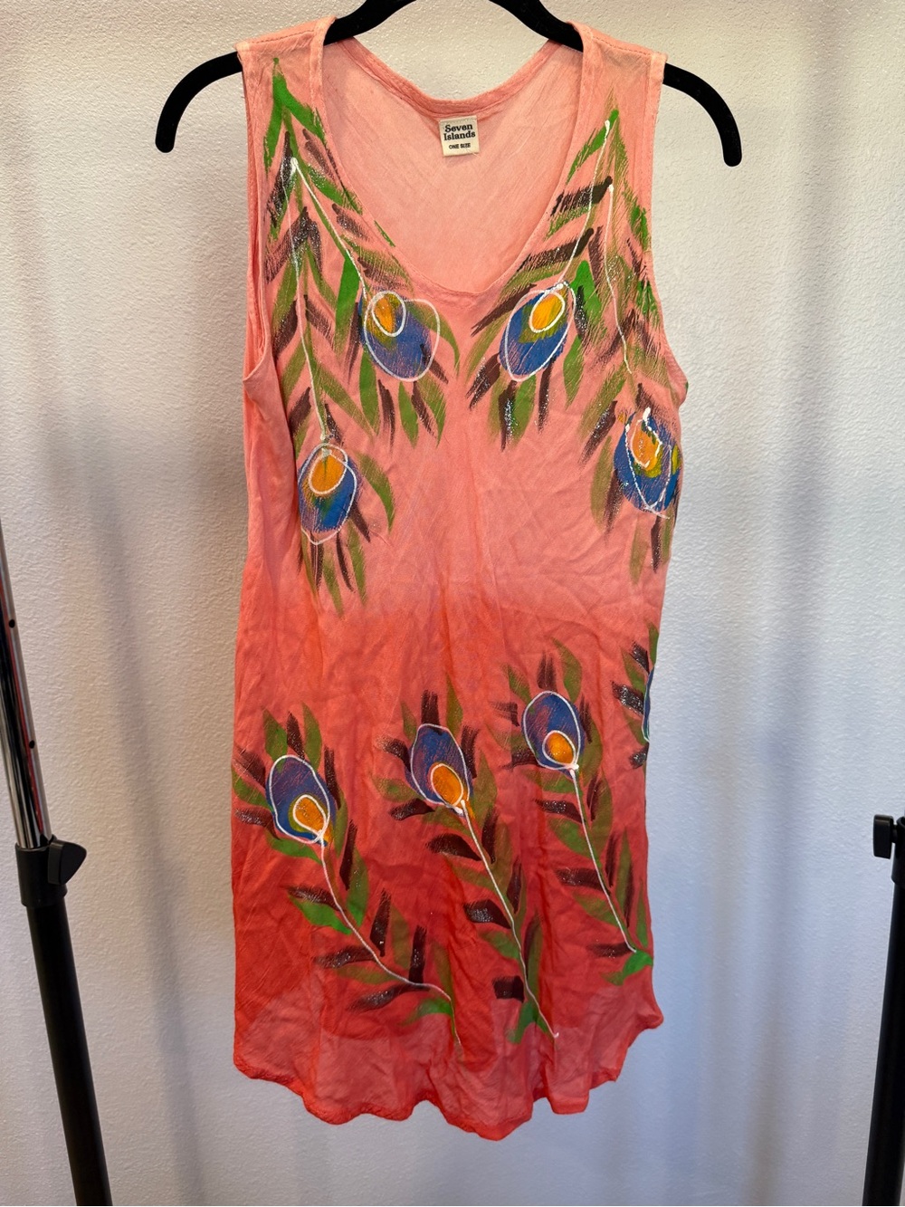Hand-Painted Coral Sleeveless Dress with Peacock Motif